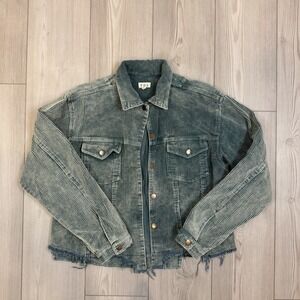 POL Clothing Frayed Hem Green Corduroy Trucker Jacket Womens Small